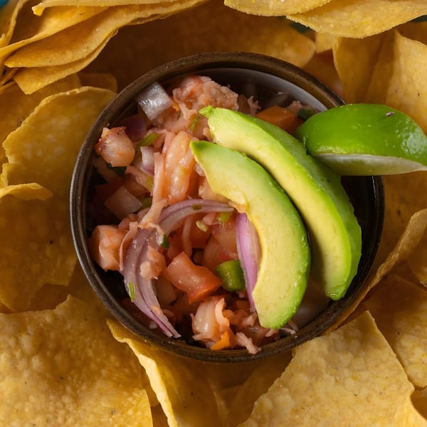 Habaneros Mexican Grill & Cantina's shrimp ceviche with avocado, lime, and tortilla chips.