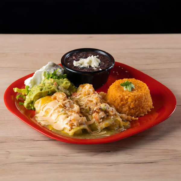 Habaneros Mexican Grill & Cantina's enchiladas with rice, black beans, guacamole, and sour cream.