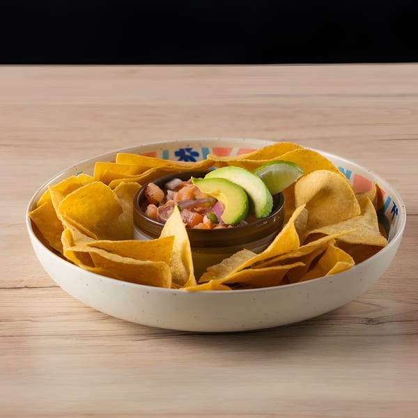 A white bowl filled with tortilla chips surrounds a smaller bowl of pico de gallo, avocado, and lime.